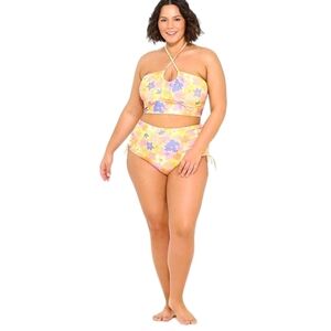 Ninety-Nine Degrees Bandeau Bikini Junior Plus 3X Waikiki Print Halter Crop NWT